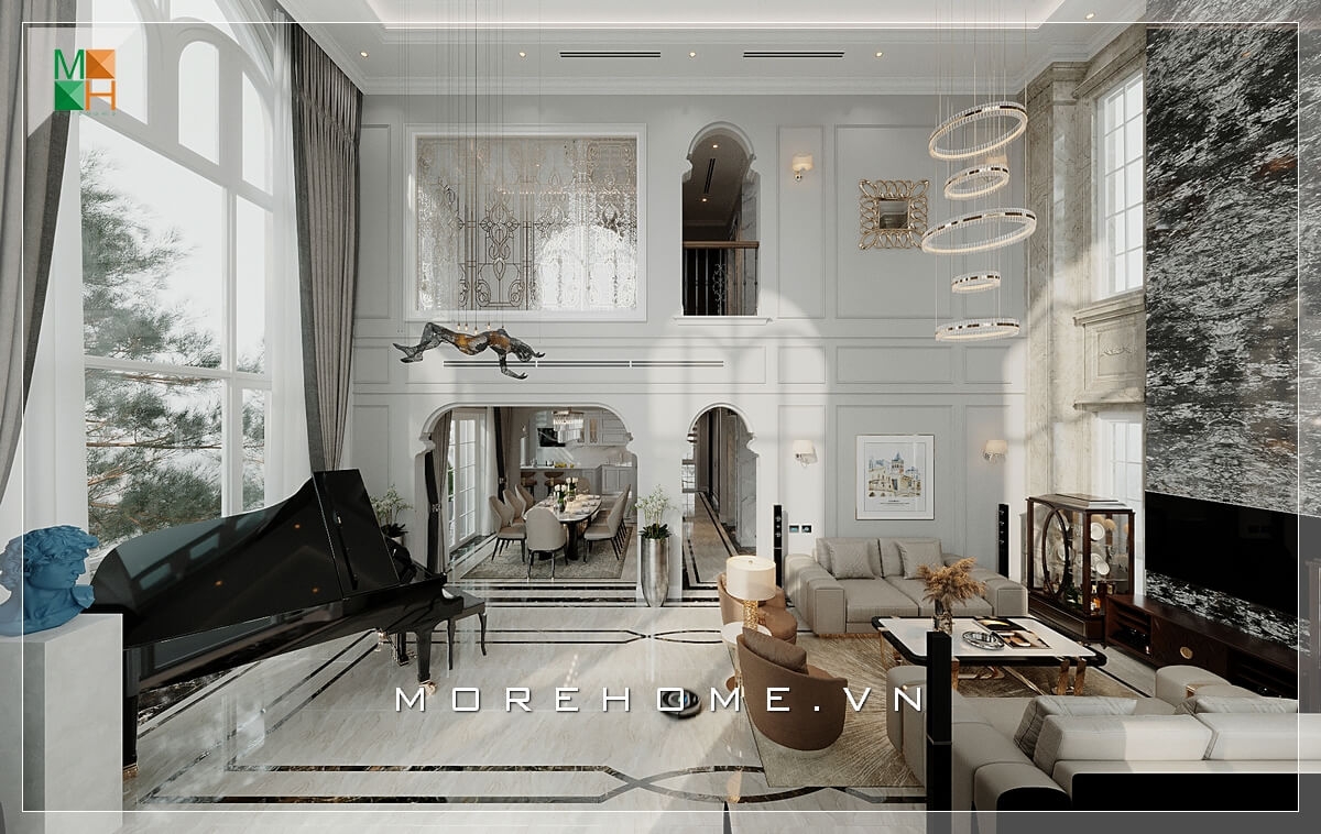 Thiết kế nội thất phòng khách rộng với gam màu trung tính thể hiện được nét đẳng cấp và sang trọng của cả ngôi nhà